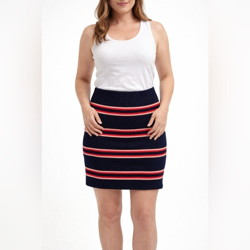 A.L.C. Striped Pull on Pencil Mini Skirt in Navy Blue & Pink - Size Large